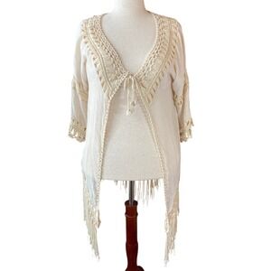 Room Mates Crochet Fringe Kimono Cardigan Boho Cream XL